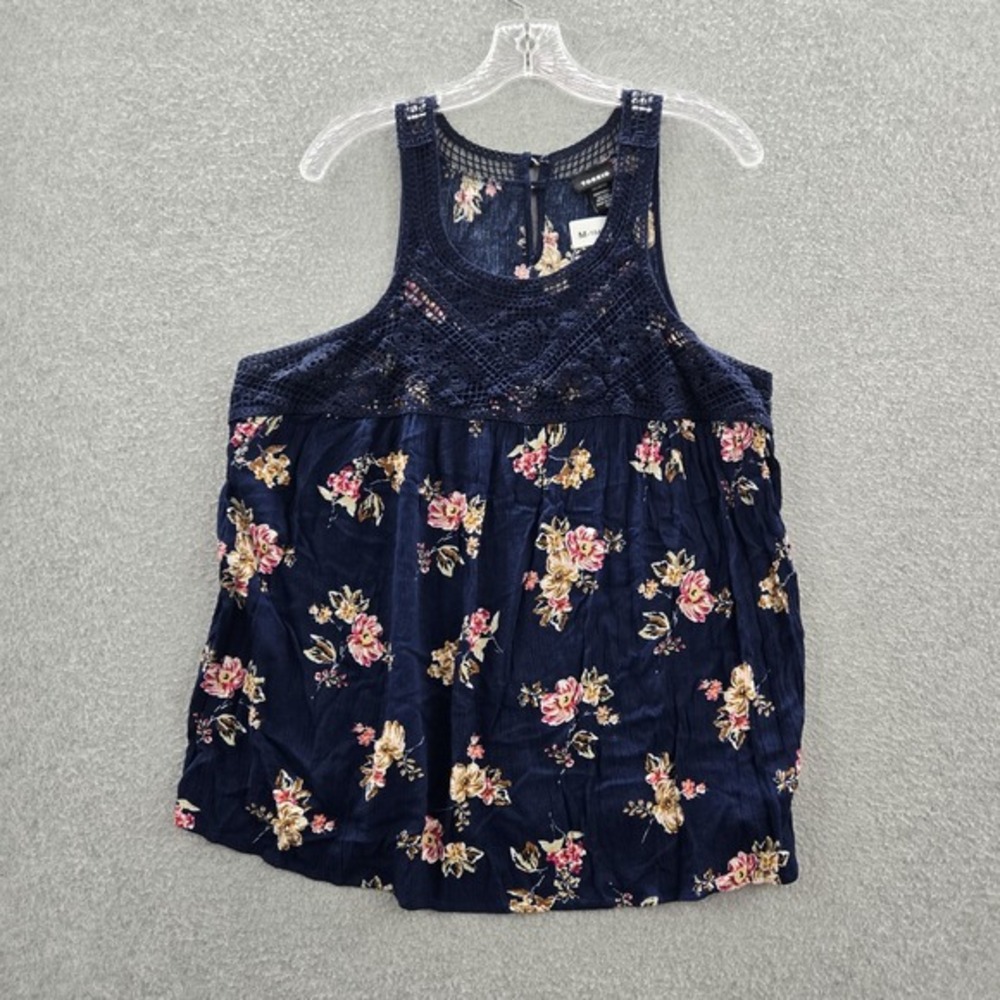 Torrid‎ Women Tank Top 00 Blue Floral Crochet Button Round Neck Front